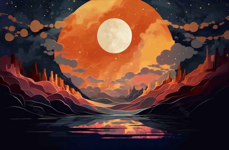 中秋夜晚橙色满月高挂夜空海水倒影,插画/手绘图,插画/手绘图库,插画/手绘图下载,插画/手绘